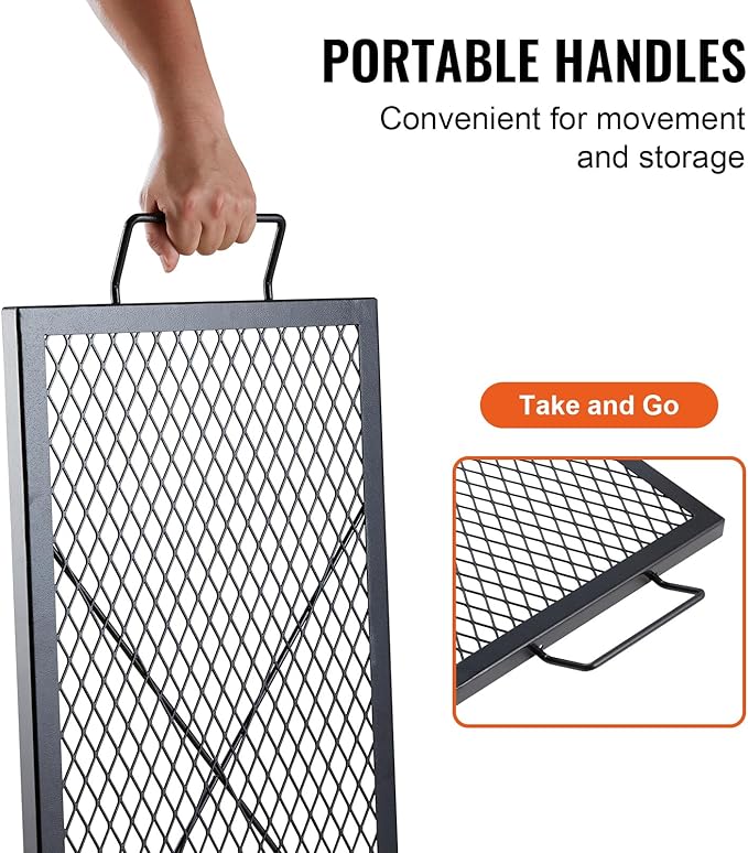VEVOR X-Marks Fire Pit Grill Grate, Rectangle Cooking Grate, Heavy Duty Steel Campfire BBQ Grill Grid with Handle & Support X Wire, Portable Camping Cookware for Outside Party Gathering, 32 Inch Black
