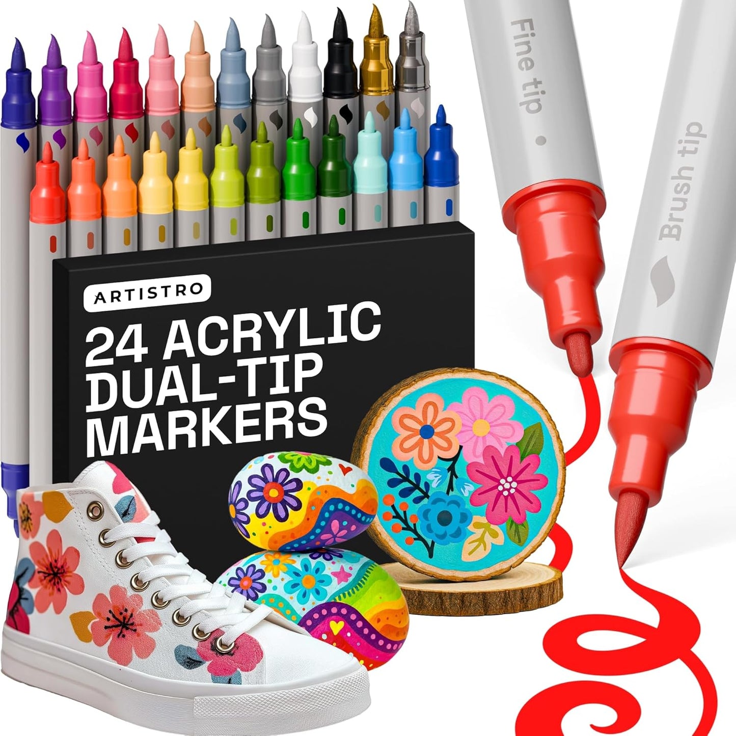 ARTISTRO 24 Dual Tip Brush + Fine Acrylic Paint Markers - Easy for All Ages & Levels Paint Pens for Fabric, Rock, Glass, DIY - Halloween Pumpkin Painting Kit, Art Supplies, Christmas Gift