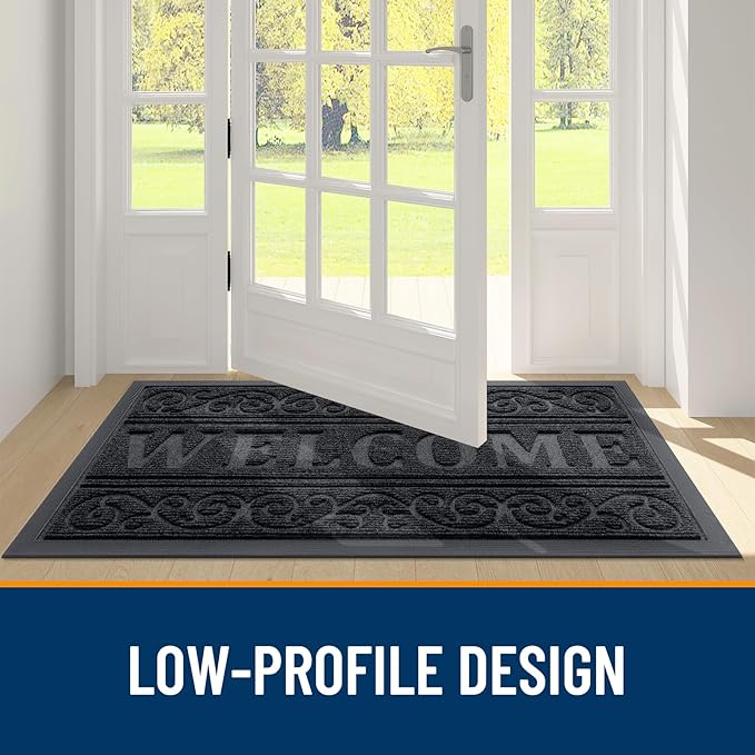 OLANLY Welcome Door Mat Indoor Outdoor Entrance, Heavy Duty Sturdy Front Door Mat, Waterproof All-Weather Doormat, Stain Resistant, Low Profile, Easy Clean Patio Entryway Mat, 36 x 24, Black