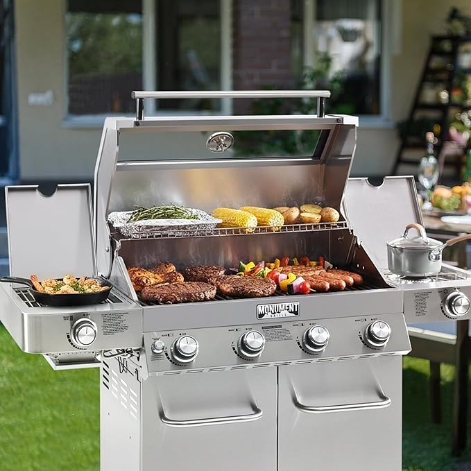 Monument Grills Larger 4-Burner Propane Gas Grills Stainless Steel Cabinet Style with Infrared Side Sear & Side Burners Knob Controls Built-In Thermometer with Stainless Steel Rotisserie Kit(2 Items)