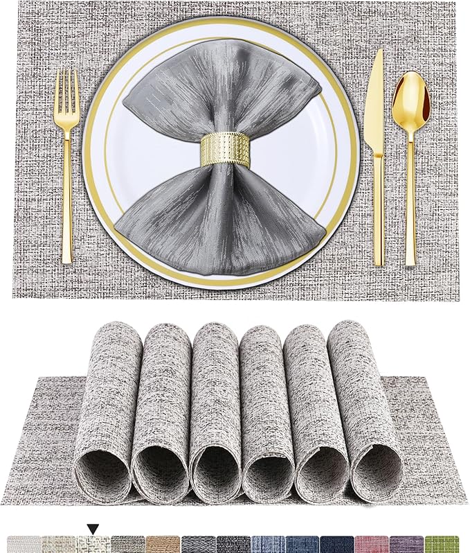 BETEAM Placemats Set of 6, Woven Vinyl Placemat for Dining Table Washable Wipeable Kitchen Place Mats Durable Indoor Outdoor Table Mats