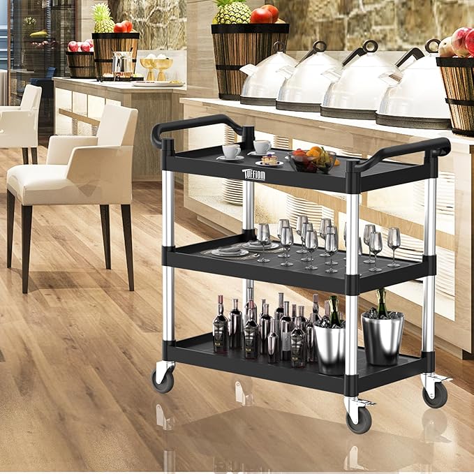 TUFFIOM Plastic Service Utility Cart with Wheels,Heavy Duty 450lbs Capacity, 3-Tier Commercial Rolling, Ideal for Restaurant, Foodservice, Office, Warehouse, Black 40.4''L x 19.7''W x 38.6''H