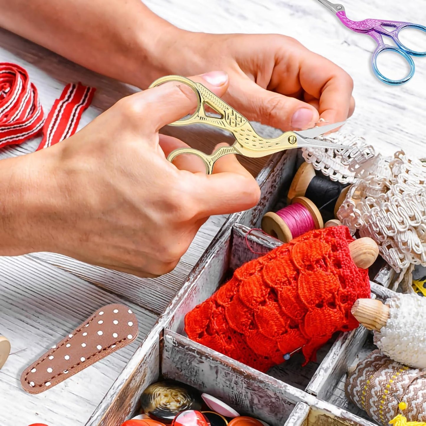 BIHRTC Little Scissors - 3.6inch Cross Stitch Scissors with Leather Cover and Stainless Steel Crane Design for Embroidery, Sewing, Crafting, Art Work, Needlework