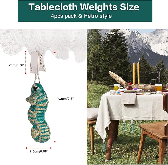 Sungmor Cast Iron Tablecloth Weights - 4 Pack Vintage Green Sea Horse Table Cloth Weights Clip On - Heavy Weights for Picnic Tablecloth, Outdoor Tables, Garden Flags, Curtains