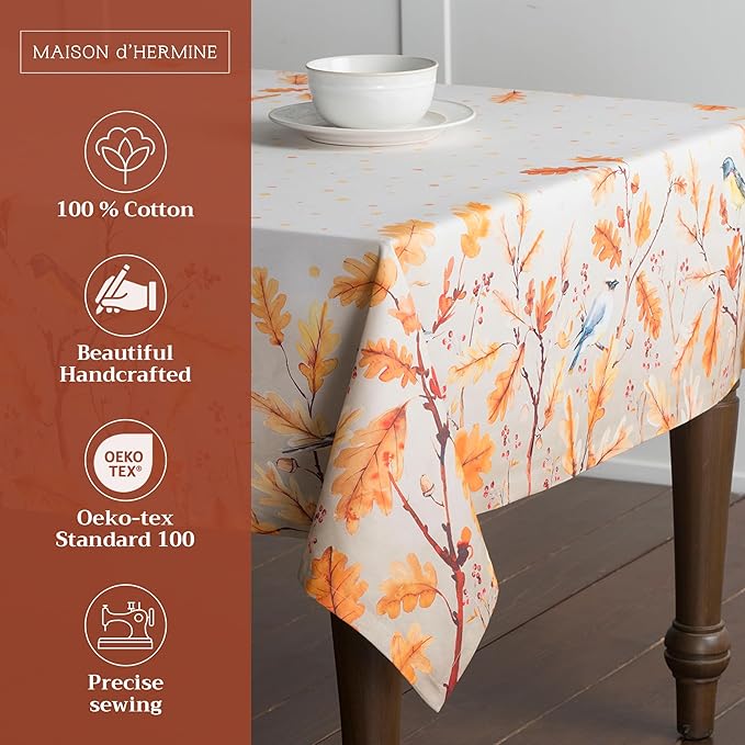 Maison d' Hermine Table Cloth Rectangle Table 100% Cotton 70 x 108 Inches Fall Tablecloth Reusable Everyday Use for Thanksgiving Christmas Decorations Dining Farmhouse Party (Oak Leaves)