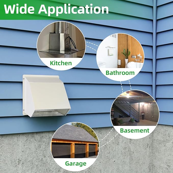 12 Inch Hooded Wall Vent with Screen and Damper, Outdoor Wall Exhaust Vent Cover Cap for Duct Dryer Range Hood Exterior Heating Cooling Ventilation and Outside Air Exhaust, Galvanized Steel, White