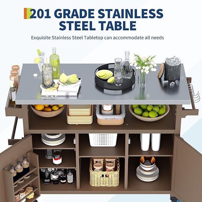 Garvee Outdoor Grill Cart with Storage, Outdoor Bar Cart Rolling BBQ Movable Pizza Oven Table Stand, Kitchen Island Carts with Stainless Steel Top, Spice Rack, Towel Rack & Storage Cabinet, Coffee