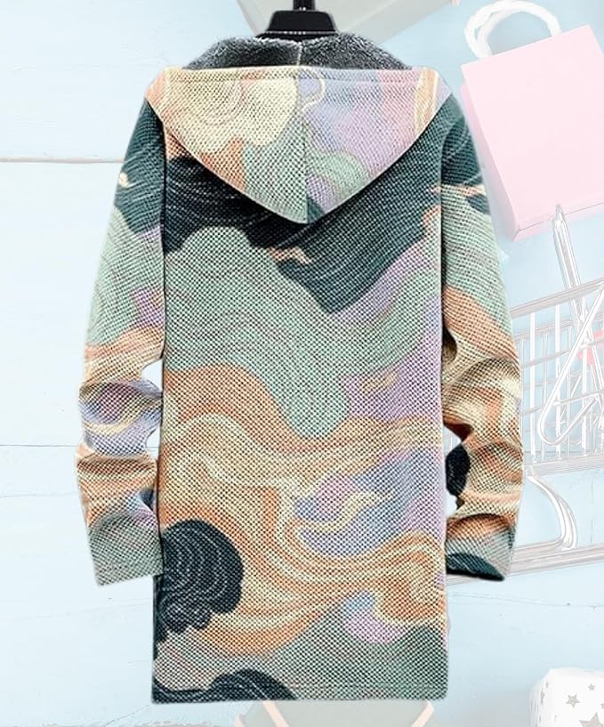 Men's Hooded Sweater Coat Knit Fleece Lined Long Cardigan Jacket with Zip Front Pocket Vintage Casual Zip Up