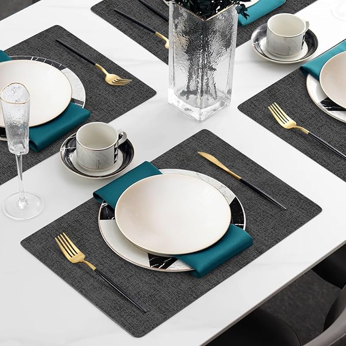 Faux Leather Heat Resistant Placemats Set of 6 – Waterproof Oilproof Wipeable Dining PU Vinyl Place Mat Easy Clean Table Mats for Kitchen/Dining/Party/Holiday, Dark Grey