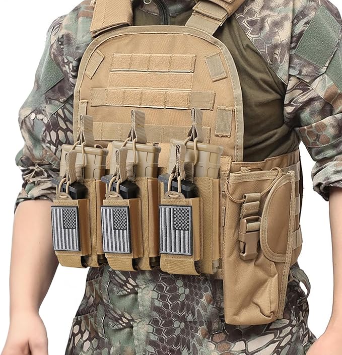 Open-Top Single/Double/Triple Molle Mag Pouch for 5.56mm M4 M16 AK AR Glock M1911 9mm Elastic Rifle Magazines Pistol Mag Pouches Holder Carrier with USA Flag Patch