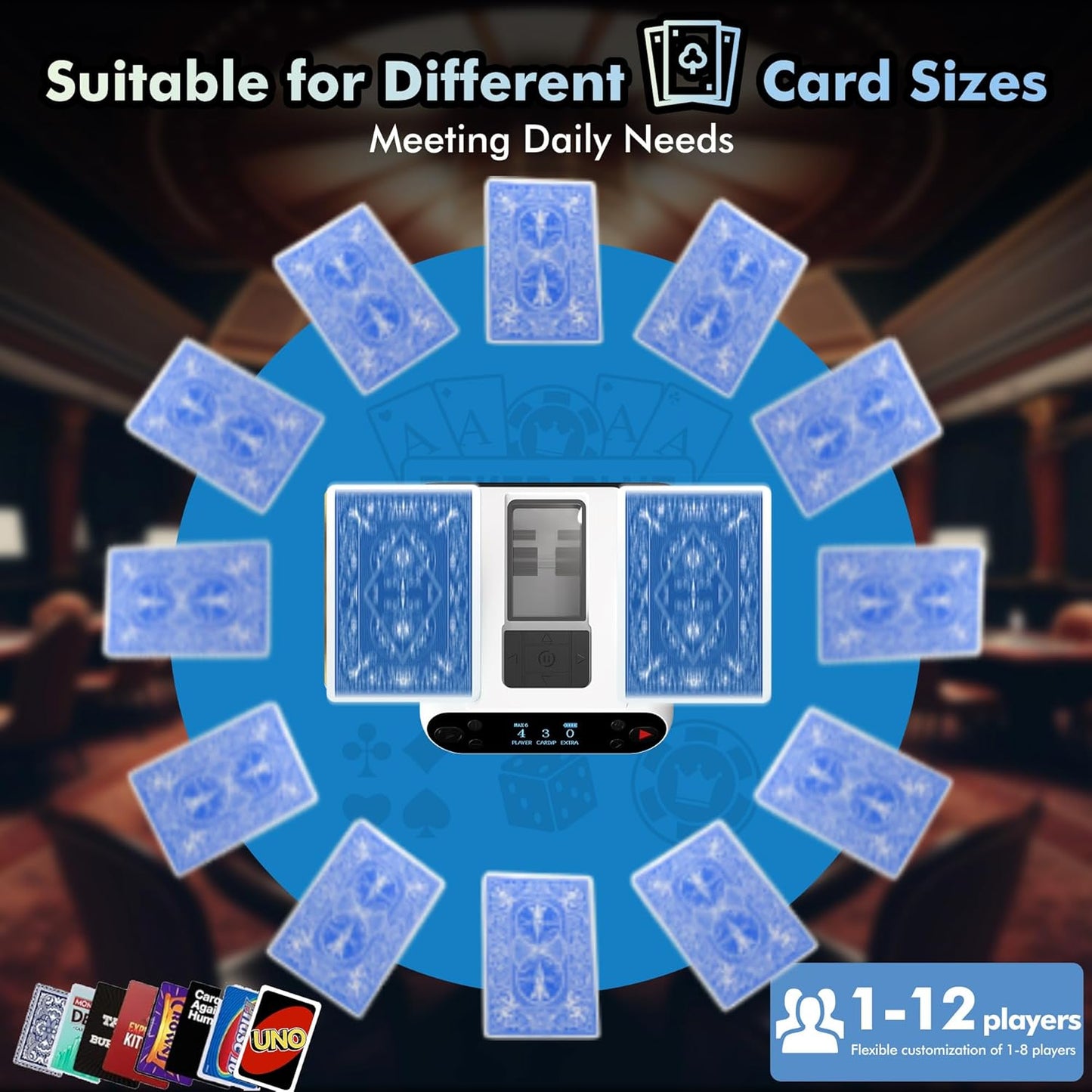 Automatic Card Shuffler and Dealer Machine 360° Rotation, Supports 12 Players, Rechargeable Card Shufflers, UNO Shuffler Card Machine Perfect for Rummy, Poker, Phase 10, Skip-Bo, Texas Hold'em