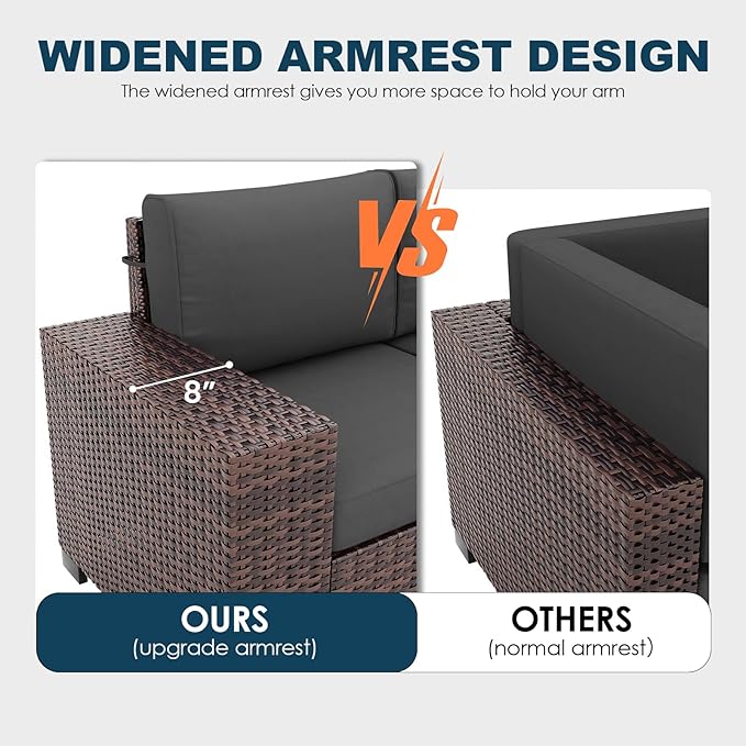 Patio Furniture Set with Fire Pit Table, 7 Piece Outdoor Sectional Conversation Sets Wicker Rattan Sectional Sofa with Coffee Table for Patio Garden Backyard, 4'' Thickened Cushion Dark Grey