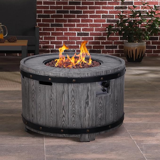 Afterglow Outdoor 36" Round TerraFdab Propane Fire Pit Table for Outside Patio Backyard Garden, Firepit Table with Weather Cover and Lava Rocks(Gas Tank not Included)，50000 BTU, Wood Look(Grey)