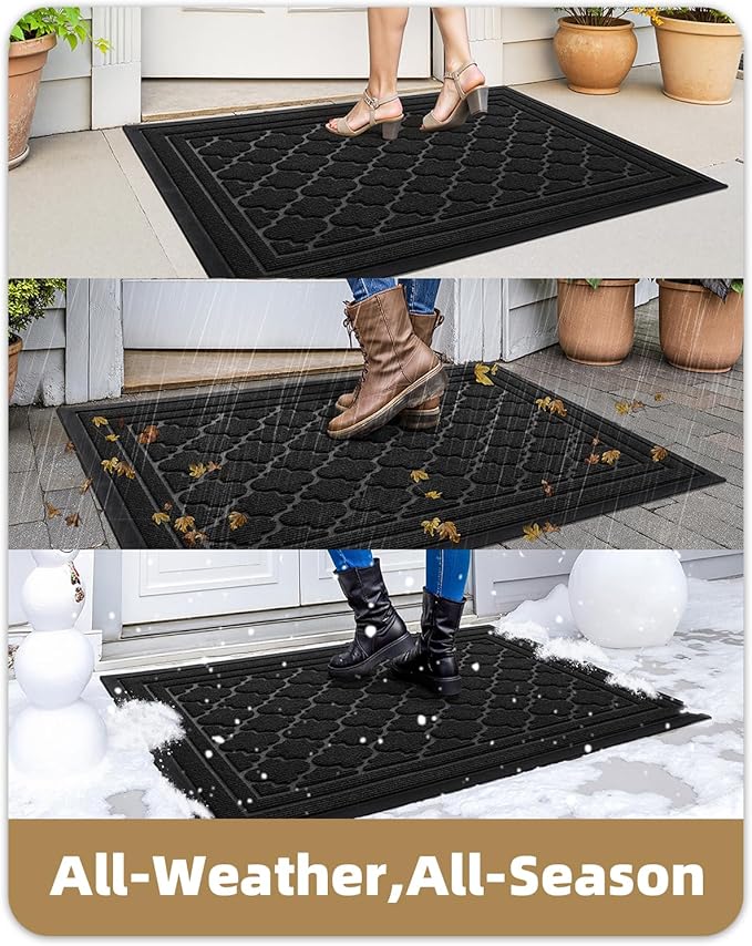Color&Geometry Front Door Mat Outside Entrance, Heavy Duty Non Slip Low Profile Doormat for Entryway, Trap Dirt and Moisture Welcome Mats All-Weather, Easy Clean, Patio, Garage, 17"x30" Black