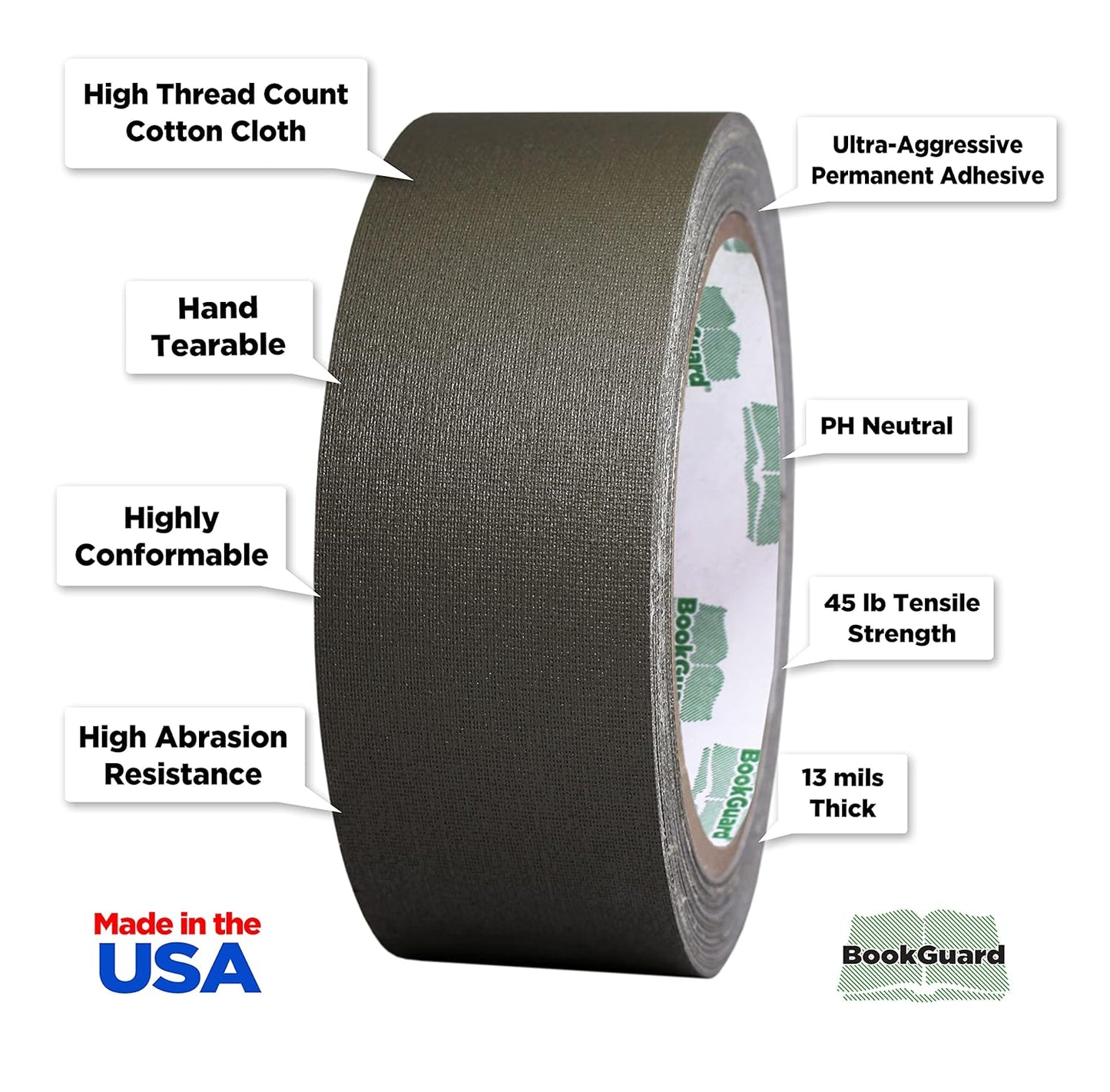 BookGuard 1-1/2 Inch Vinyl-Coated Cotton Cloth Bookbinding Repair Tape, 15 Yard Roll, Olive Green