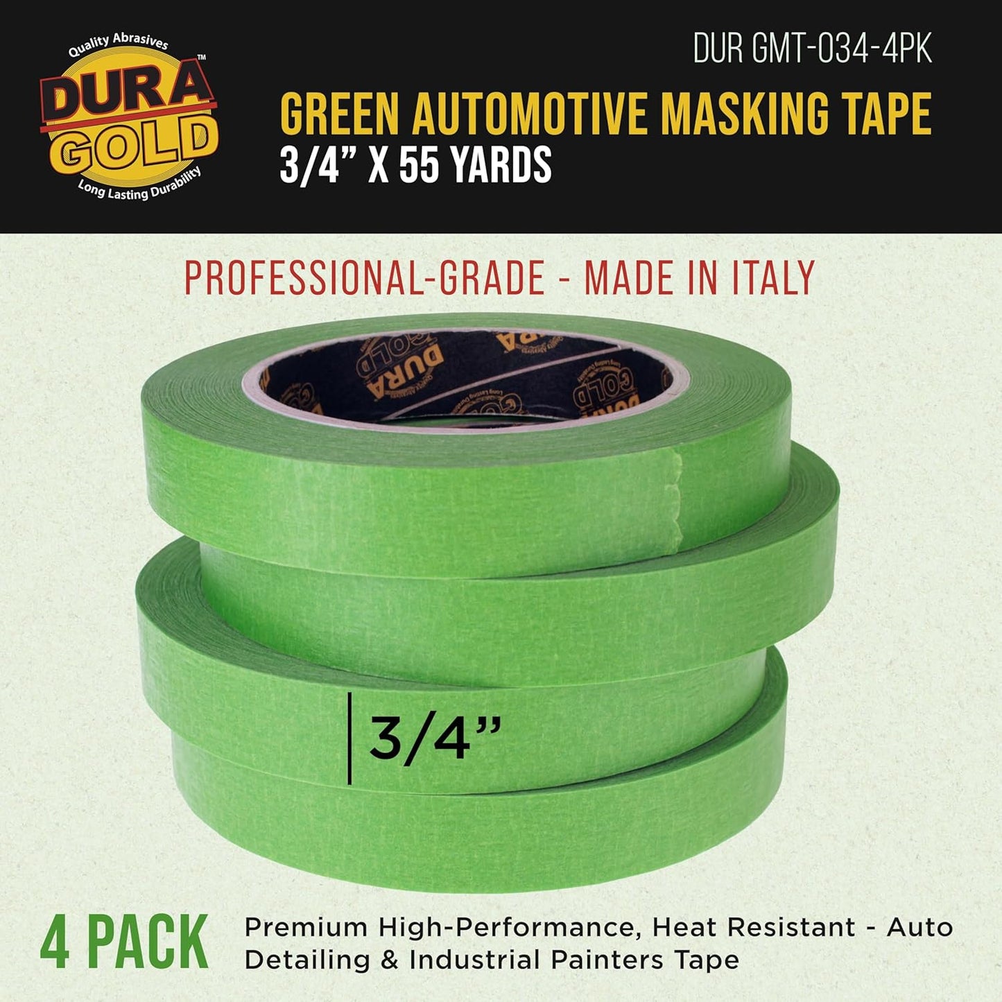 Dura-Gold Green Automotive Masking Tape 3/4 Inch (0.7 Inch x 55 Yards), 4 Rolls - Premium High-Performance, Heat Resistant - Auto Refinish Painting, Car Detailing, Autobody, Industrial, Painters Tape
