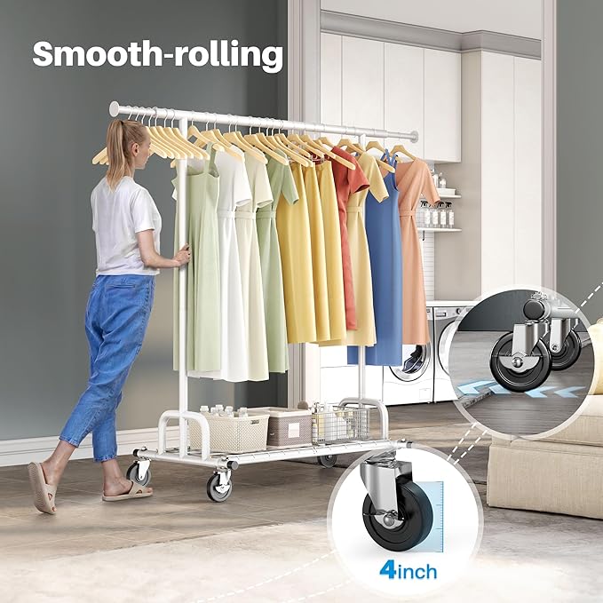 HOKEEPER Clothes Rack Collapsible Clothing Garment Rack Capacity 525LBS Clothing Racks on Wheels Heavy Duty Rolling Clothes Rack for Hanging Clothes for bedroom, Commercial, White 22"D x 75"W x 71"H