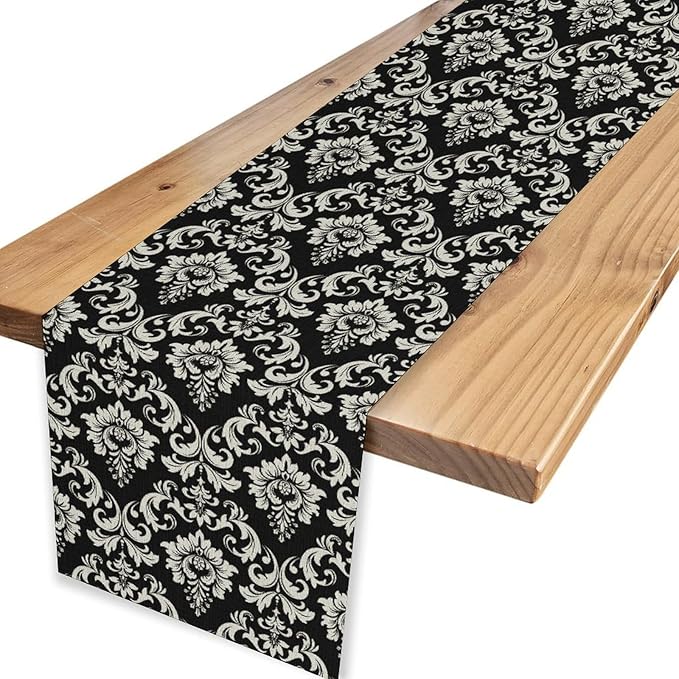 Black Damask Table Runner, Rustic Gothic Baroque Style Floral Boho Flower Antique Coffee Vintage Retro Table Center Decor for Kitchen and Dining Outdoor Home Country Party Table Decorations, 13"x36"