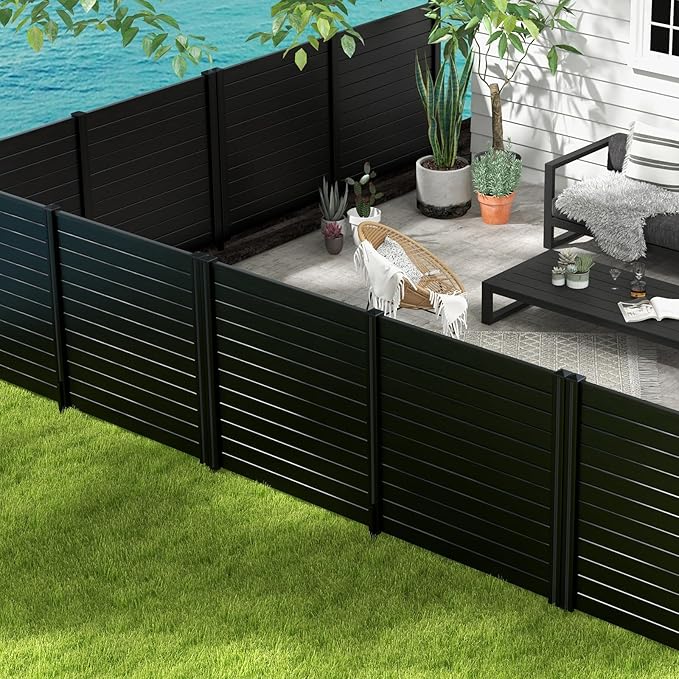 Giantex Outdoor Privacy Screen 4 Panels, 48''W x 48''H Decorative Air Conditioner Fence Trash Can Enclosure with Stakes, Easy Assembly, PVC Vinyl Picket Fences for Garden Patio Lawn, Black