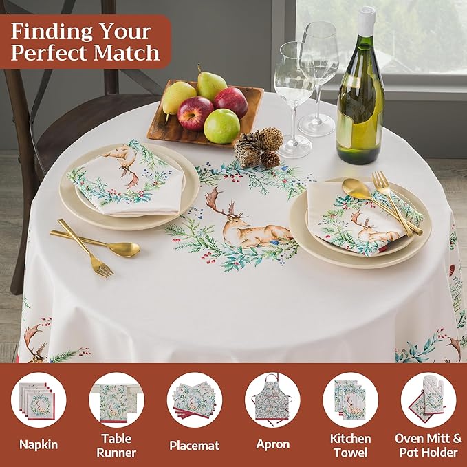 Maison d' Hermine Table Cloth Round Table 100% Cotton 69 Inches Fall Tablecloth Reusable Everyday Use for Thanksgiving Christmas Decorations Dining Farmhouse Party (Holly Time)