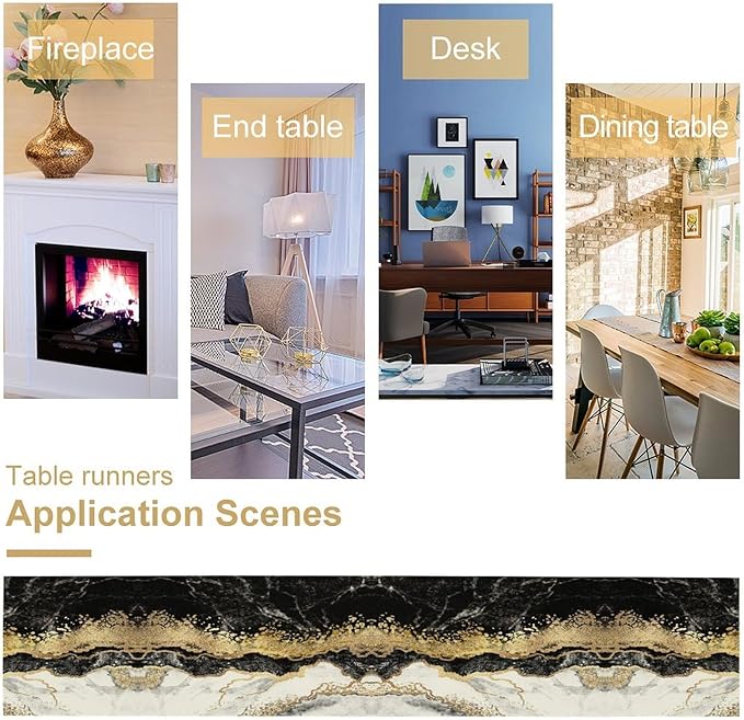 Marble Table Runner, Ink Golden Marble Texture Table Runner for Kitchen Wedding Farmhouse Indoor Outdoor Home Party 13x108in