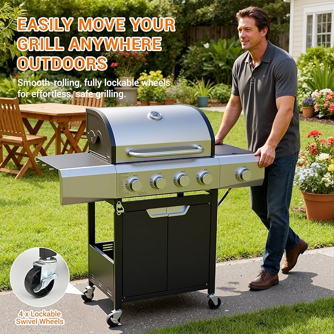Upgraded 51,000 BTU Stainless Steel Burner Barbecue Grill, 4 Burner BBQ Propane Gas Grill with Side Burner, 452 sq.in Cooking Area with Porcelain for Patio, Camping, Outdoor Cooking