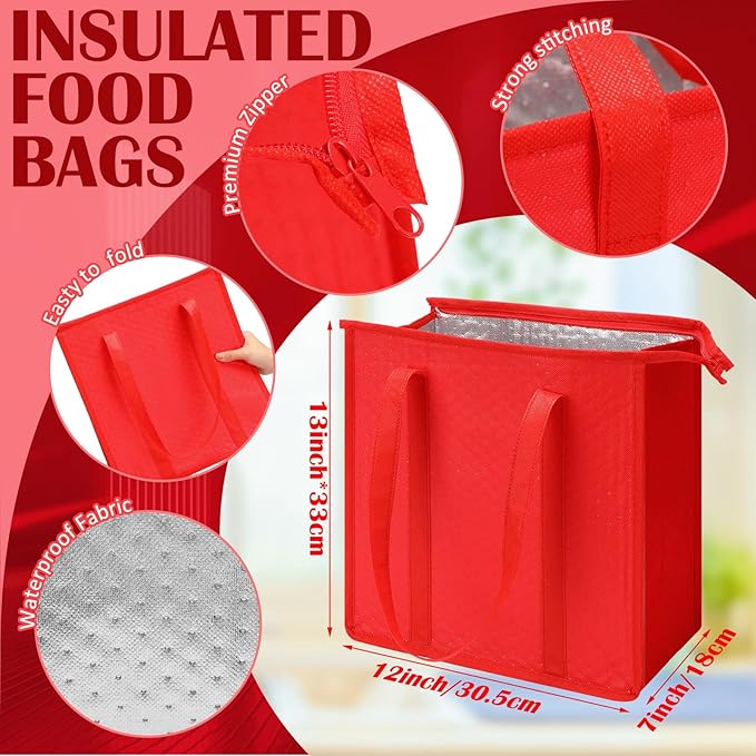 10 Pack Large Insulated Grocery Bags Reusable Shopping Bags with Zippered Top 13 x 12 x 7 Inch Thermal Cooler Totes Bulk with Handles for Hot Cold Food Delivery Refrigerator(Red)