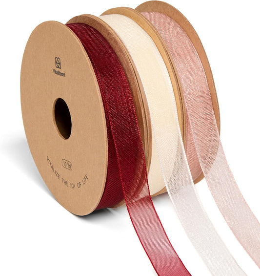 Vitalizart 3/8" x 30Yd Organza Ribbon Red Pink White Sheer Ribbons Set 10 Yd x 3 Rolls Handmade Eco-Friendly for Gift Wrapping Christmas Tree Crafts Bows Wedding Invitations Wreaths