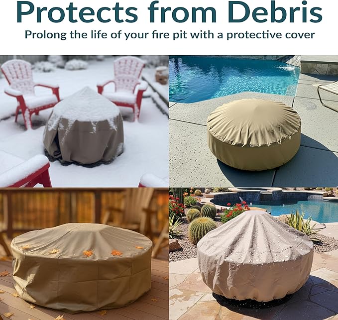 Sunnydaze Round Outdoor Fire Pit Cover - Heavy-Duty 300D Polyester and PVC with Drawstring Closure - Khaki - 48-Inch