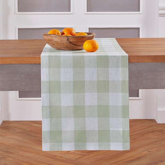 Solino Home Linen Checkered Table Runner 36 Inches - 100% Pure Linen Sage and White Buffalo Table Runner 14 x 36 Inch Ideal for Dresser and Coffee Tables - Winter, Spring, St Patricks Day, Easter