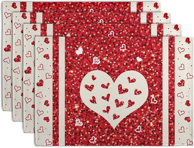 Valentine Hearts Placemats Set of 4, 12x18 Inch Red White Love Heart Linen Table Mats Romantic Wedding Heat Resistant Washable Place Mat for Party Kitchen Dining Outdoor Indoor Decor