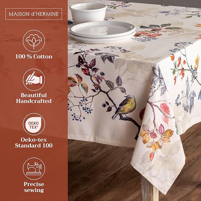 Maison d' Hermine Table Cloth Rectangle Table 100% Cotton 60 x 108 Inches Fall Tablecloth Reusable Everyday Use for Thanksgiving Christmas Decorations Dining Farmhouse Party (Equinoxe - Beige)