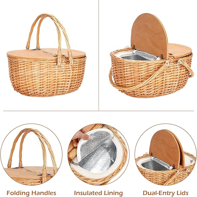 Wicker Picnic Basket with Cooler, Wooden Split Lid Picnic Basket, Vintage-Style Wicker Picnic Hamper with Folding Woven Handle for Picnic, Camping, Outdoor, Valentine Day, Thanks Giving, Birthday