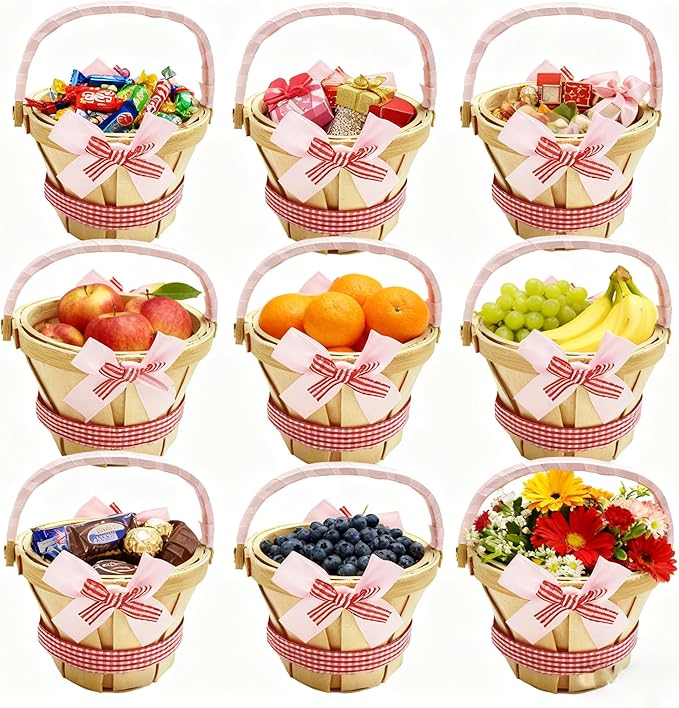 10 Pcs Mini Wooden Apple Baskets Bulk 4 x 5.1 Inch Bushel Baskets with Handle for Gifts, Farmers Market, Fall Picnic, Garden Picking, Fruit Strawberry Flowers Crafts, Home Wedding Party Decor