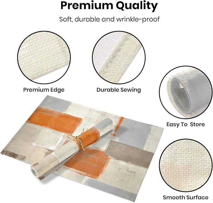 Modern Art Placemats for Dining Table Set of 6 Orange Abstract Painting Place Mats Washable Beige Linen Placemat for Kitchen Home Dinner Party Decor 18x12 Inches
