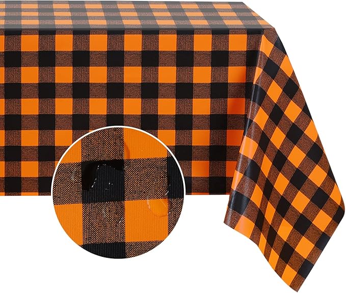Romanstile Rectangle Vinyl Tablecloth, 100% Waterproof Buffalo Gingham Plastic Table Cloth, Heavy Duty Wipeable Checkered Table Covers for Outdoor, Camping, Picnic, Patio - 54 x 120, Black and Orange