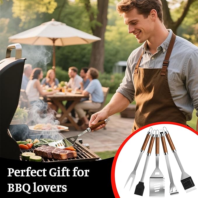 BBQ Grill Tools Set, Stainless Steel Grilling Set with Storage Bag, Spatula, Fork, Cleaning Brush BBQ Accessories, Grill Accessories for Outdoor Cooking Camping, Grilling Gifts for Men