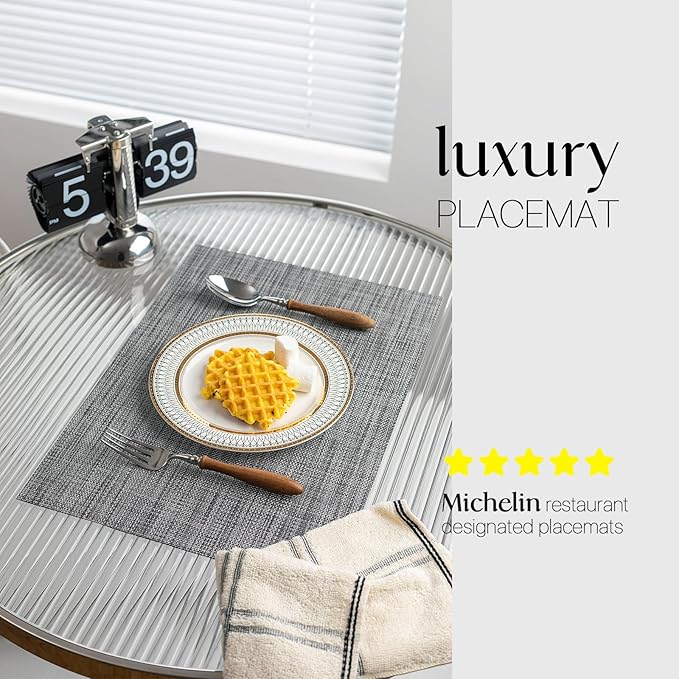 LEXMORE Placemat Set of 4 Vinyl/Plastic Woven Place Mats for Kitchen Table Indoor/Outdoor Washable Placemat Wipeable Dining Table Mats(Dark Gray)