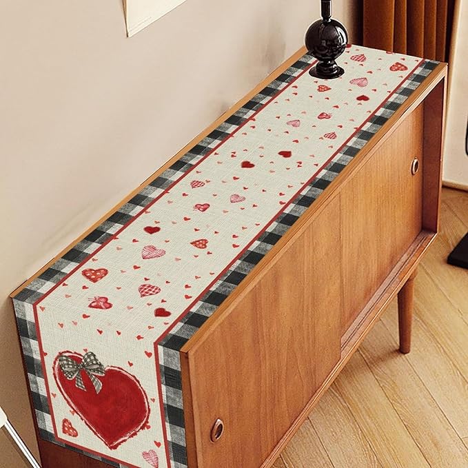 Valentines Day Table Runner,Vintage Red Black Heart Buffalo Plaid Valentines Decor for Table Seasonal Lovely Decor for Indoor Outdoor Dining Table Decorations, 13"x90"