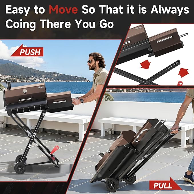 Portable Charcoal Grill with Smoking Function, Foldable Suitcase Design with Wheels, Multi-Tier Storage Rack & Waterproof Cover for Outdoor BBQ Parties (Khaki)