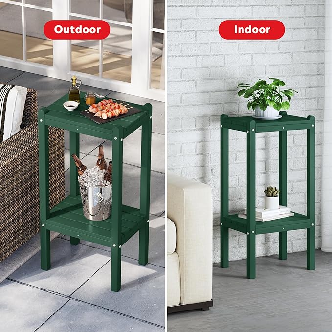 Costaelm Outdoor Side Table, 2-Tier Small Patio Coffee Tables for Outside, Outdoor End Tables for Patio, Adirondack Side Table for Outside, Outside Table for Pool, Porch, Garden, Dark Green