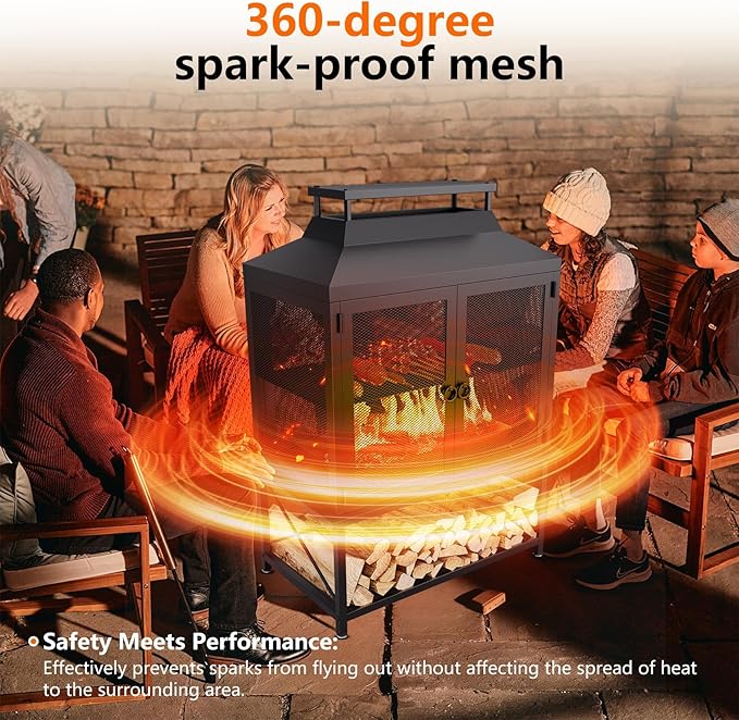 2-in-1 Metal Chiminea Fireplace with Grill,Wood Burning Outdoor Fireplace with Wood Storage, Chimney,Metal Mesh Spark Screen,and Fire Tongs Ideal for Yards,Patios, Gardens,Camping,and Picnics