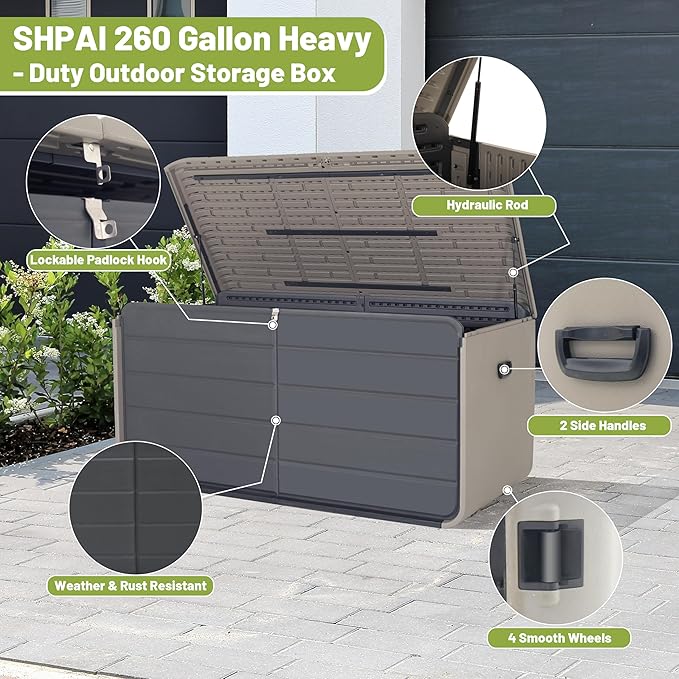 260 Gallon Outdoor Storage Box, Deck Boxes Outdoor Waterproof, Patio Storage Box, Outdoor Storage Box Waterproof, Resin, Heavy-Duty & Lockable for Backyard, Garden, Pool