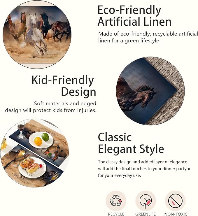 Placemats,Running Herd Horse Placemats 12x18 Inch Waterproof Non-Slip Washable Table Mats for Kitchen Dining Party Table Decor,Set of 6