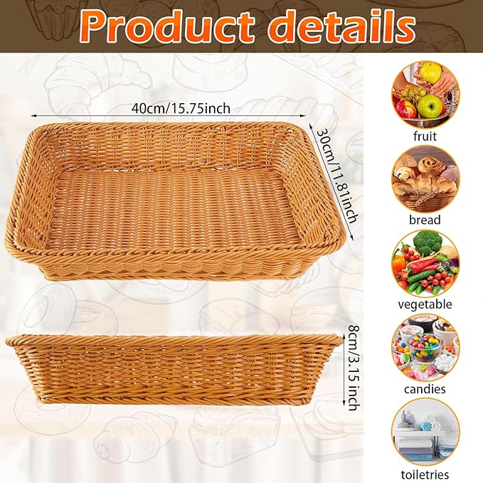 Tioncy 10 Pcs Poly Wicker Bread Basket 15.75 x 11.81 x 3.15" Woven Bread Imitation Rattan Fruit Basket Tray Stackable Rectangular Food Baskets for Serving Display Storage Kitchen Restaurant Vegetable