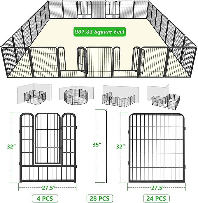 Garden Fence with Gate Metal Fencing Outdoor for Yard, 32in x64ft 28 Panels Outdoor Dog Fence Temporary Fence for Dogs Outside, Rustproof Garden Fencing Flower Bed Edging for Patio