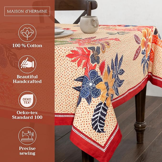 Maison d' Hermine Table Cloth Rectangle Table 100% Cotton 60 x 108 Inches Fall Tablecloth Reusable Everyday Use for Thanksgiving Christmas Decorations Dining Farmhouse Party (Kalahari)