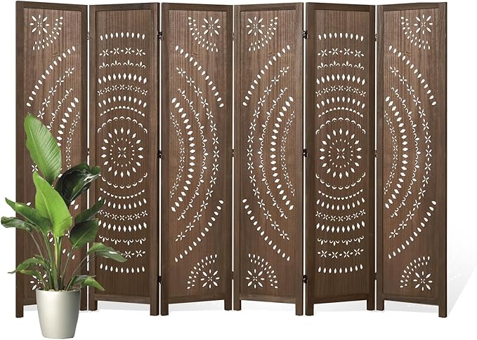 66.9Inch Folding Room Divider, 6 Panels Wood Carved Privacy Screens Free Assembled Freestanding Partition for Bedroom Home Office (Brown)