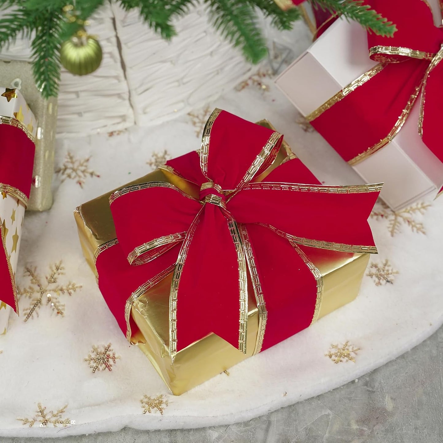 MEEDEE Red Velvet Ribbon 2.5 Inch With Gold Greek Key Edge - 10 Yards Wired Christmas Ribbon for Tree Decoration, Topper Bow, Garland