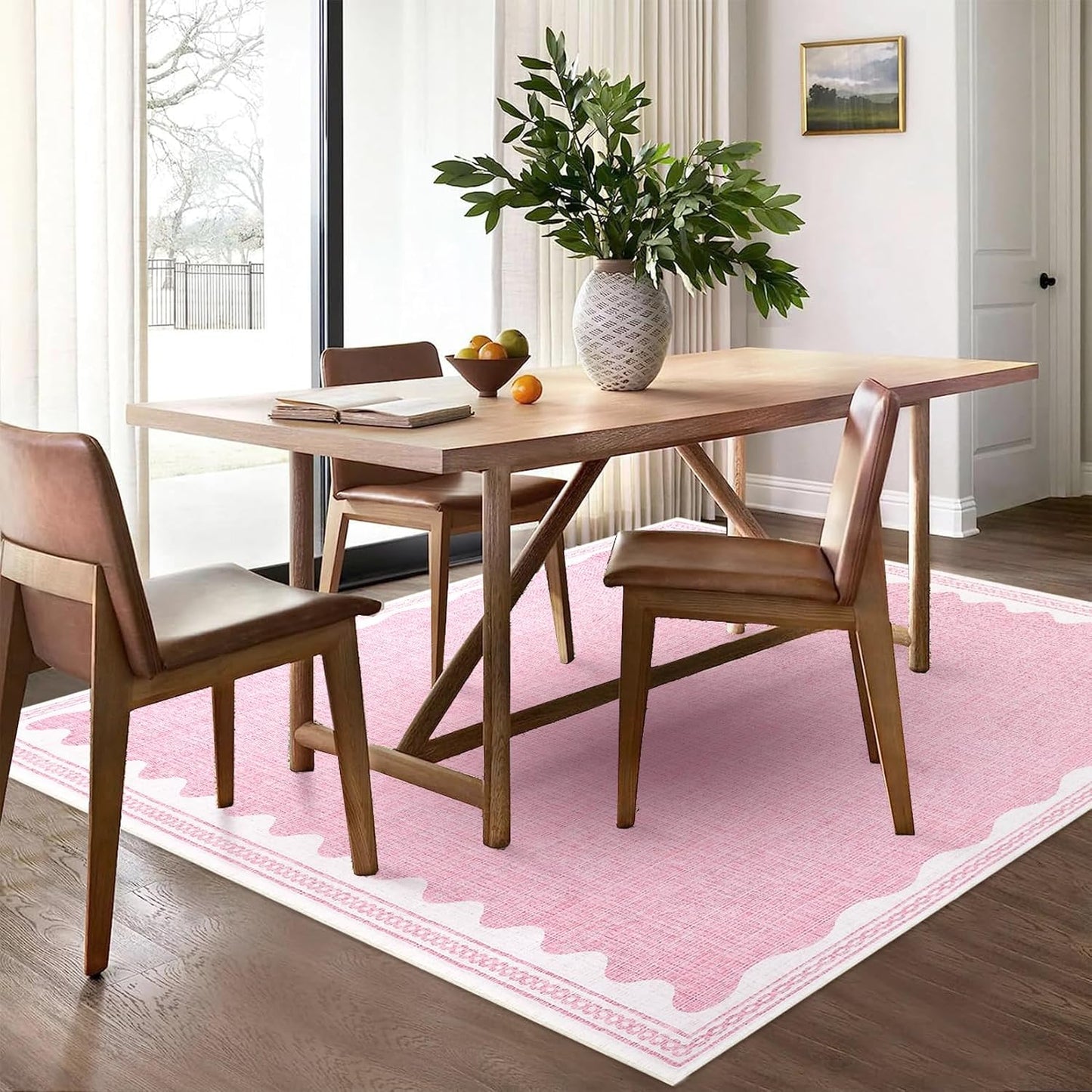 Scalloped Washable Rugs for Living Room, Solid Pink 6x9 Area Rugs for Bedroom Girls, Non Slip Scalloped Rug with Rubber Back, Soft Dorm Nursery 6x9 Rugs for Dining Room